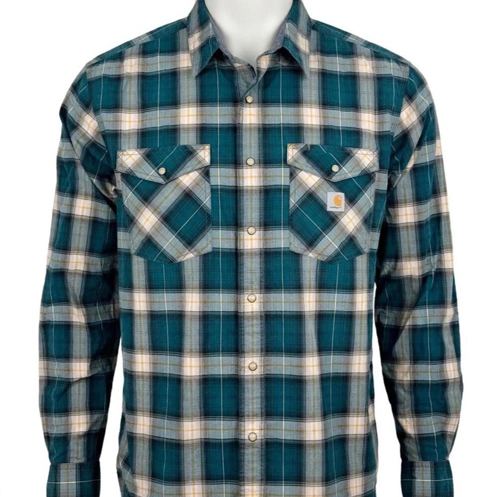 Carhartt Shirt Mens XL Rugged Flex Relaxed Fit Plaid Flannel Button Up Teal